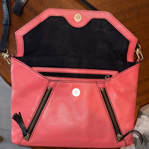 Halogen  Crossbody bag  envelope style pebbled leather  dark, coral, black trim - Picture 14 of 17